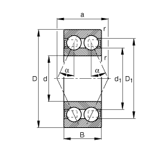 角接觸球軸承 3807-B-TVH, 雙列，接觸角 α = 25°