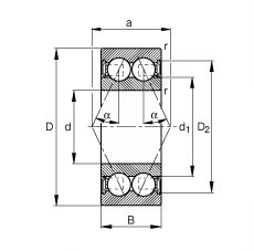 角接觸球軸承 30/7-B-2RSR-TVH, 雙列，雙側(cè)唇密封，接觸角 α = 25°