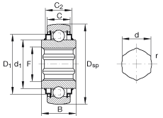 外球面球軸承 SK100-206-KRR-B-AH11, 球面外圈，內(nèi)圈帶六角形孔，兩側(cè) R 型密封